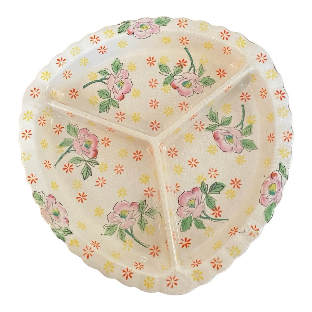 Vintage Gold Castle Chikusa Divided Plate Japan Floral Relish Tray 1960s